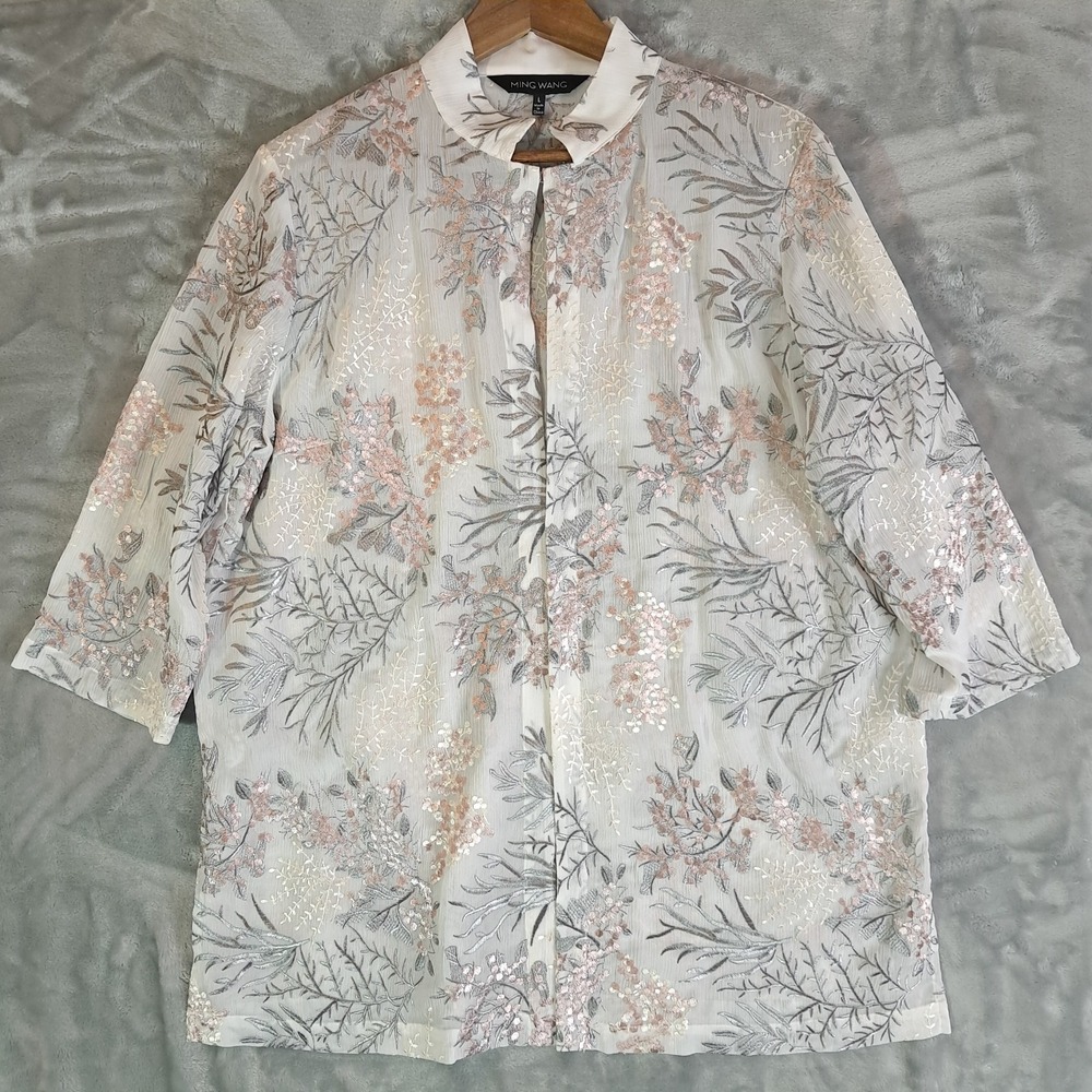 Ming Wang White Floral Embroidered Tunic Shirt Jacket Size L Mandarin Collar 3/4